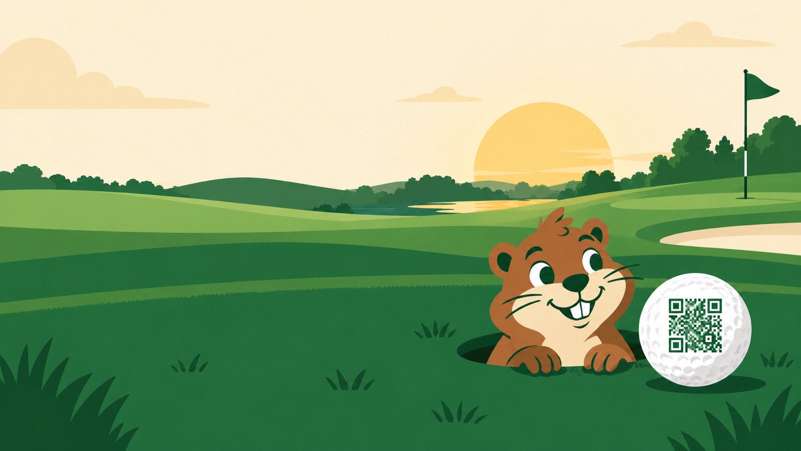 A gopher peeking from a hole beside a golf ball with a QR code, on a fairway at sunset